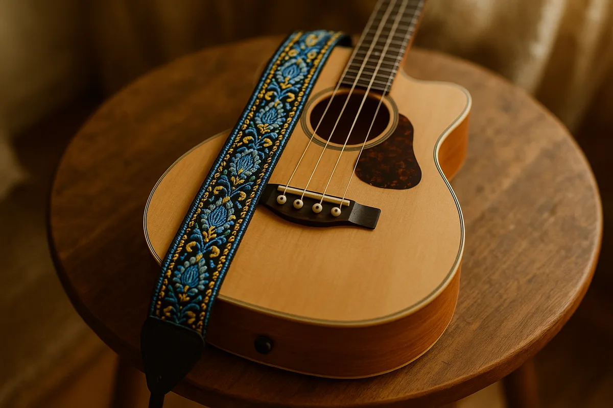 Musician playing standing with a Fretweave embroidered strap on a ukulele