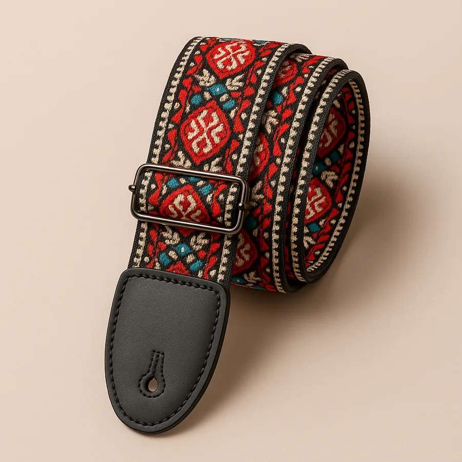 Fretweave strap coiled, showing the PU (faux) leather keyhole end and jacquard weave detail