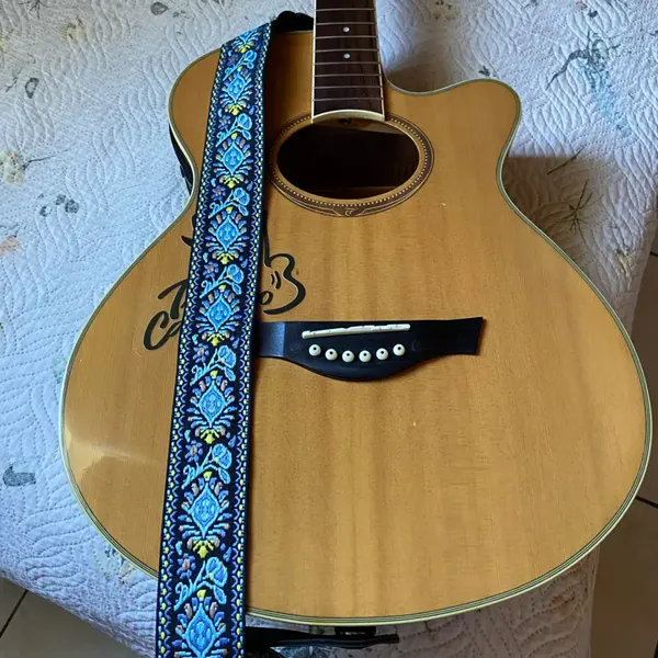 Fretweave embroidered strap on an instrument, photographed by Diego M., a verified buyer
